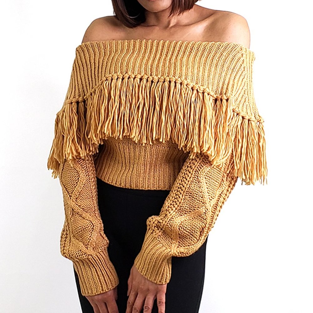 Blueb Collection Camel Color Cable Knit Off Shoulder Sweater With Fringed Detail